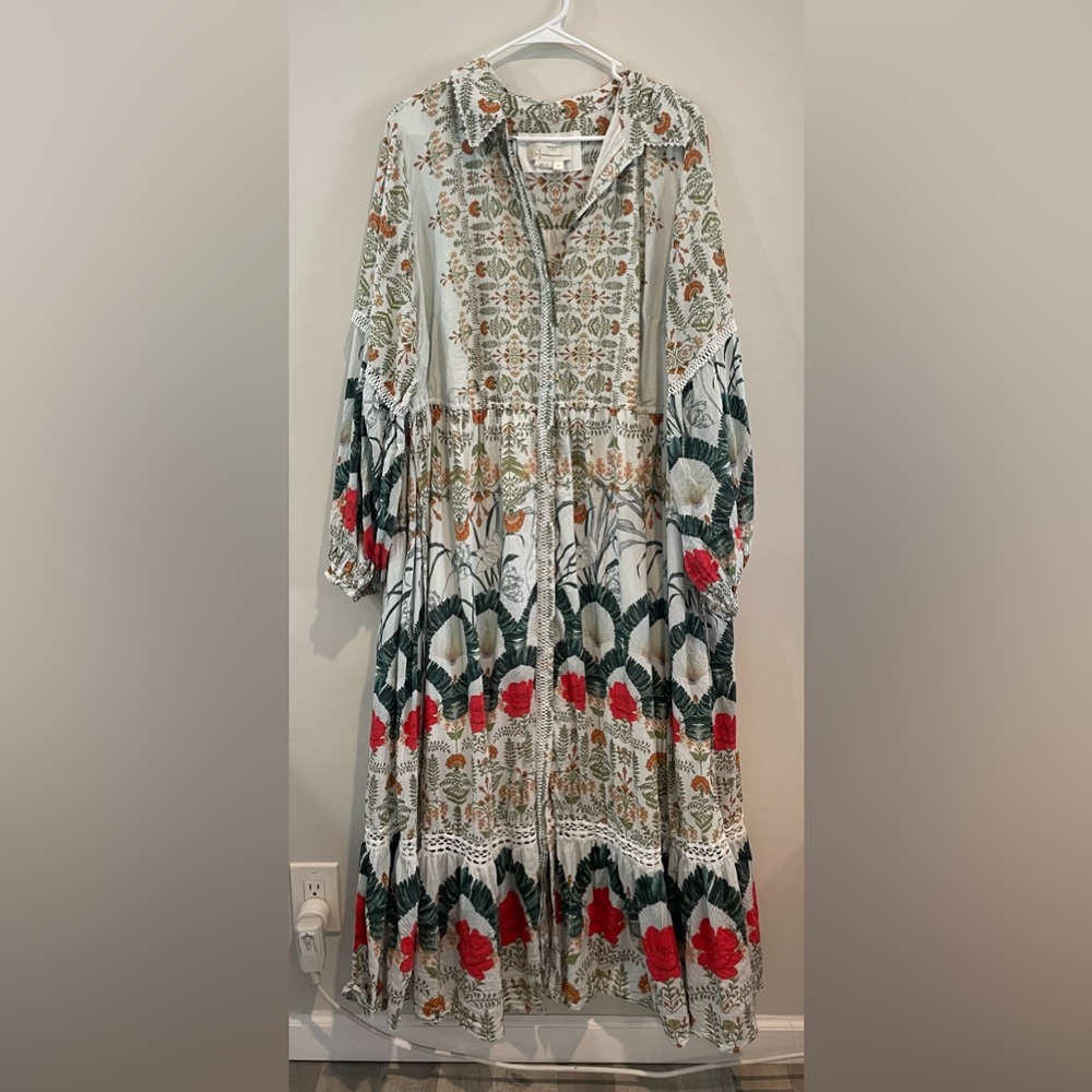 Anthropologie Boho Floral Tiered Maxi Dress in Cream with Red & Green Accents - Picture 7 of 10